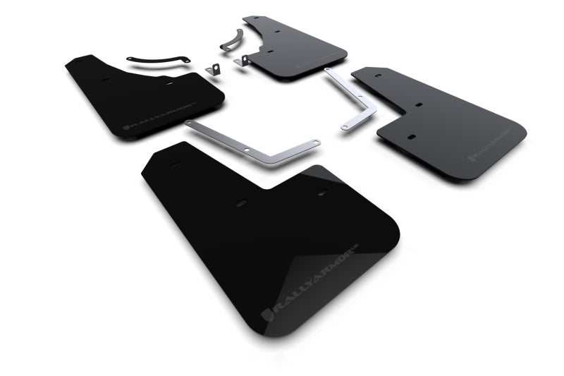 Set of black car mud flaps with installation hardware on a white background
