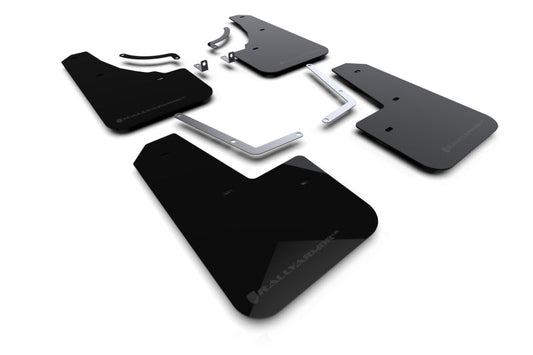 Set of black car mud flaps with installation hardware on a white background