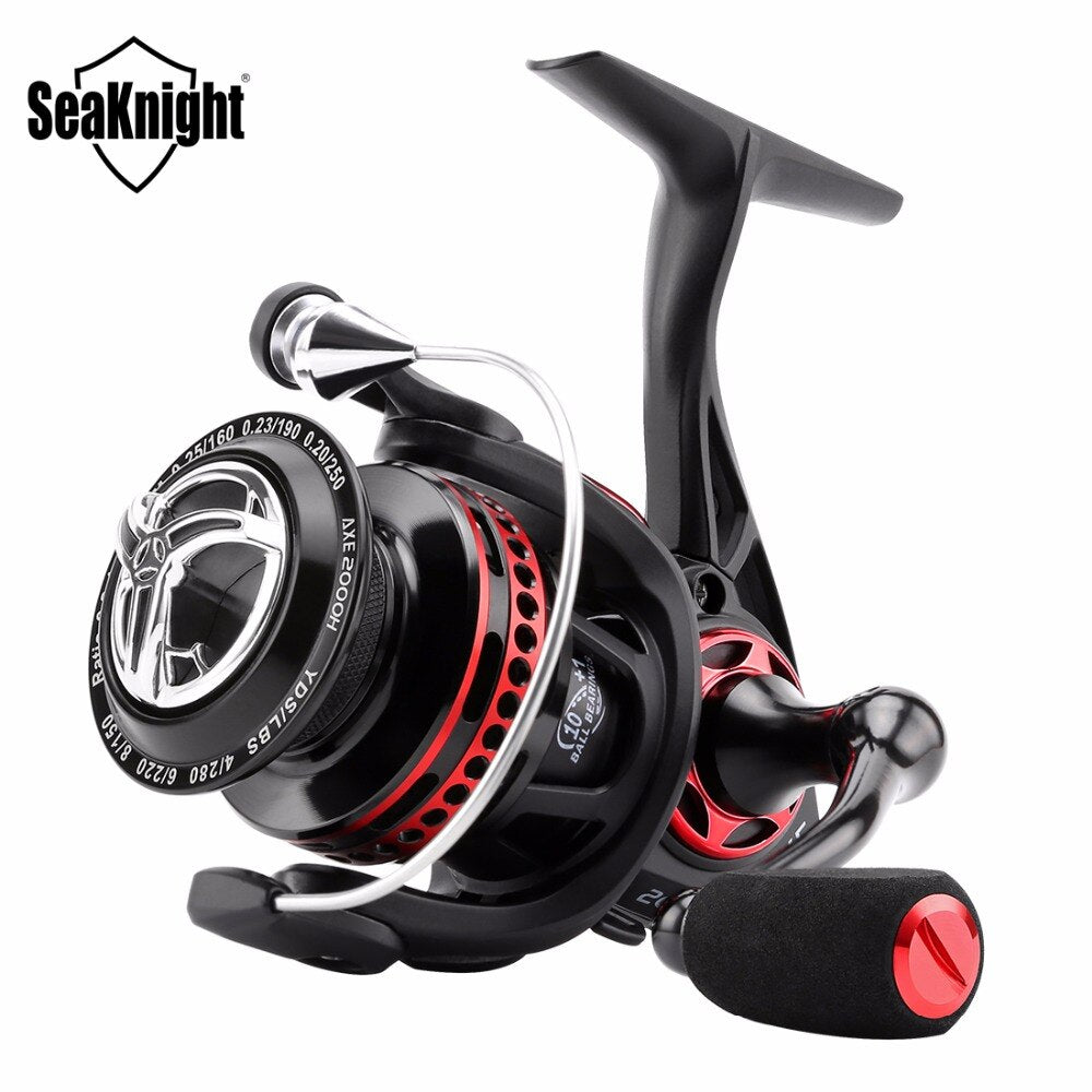 Seaknight fishing reel with black and red design on a white background