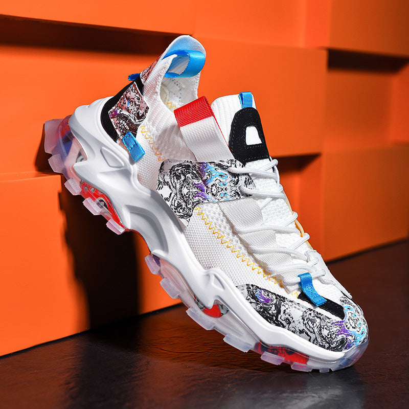 Multicolored sneaker with a patterned sole against an orange background