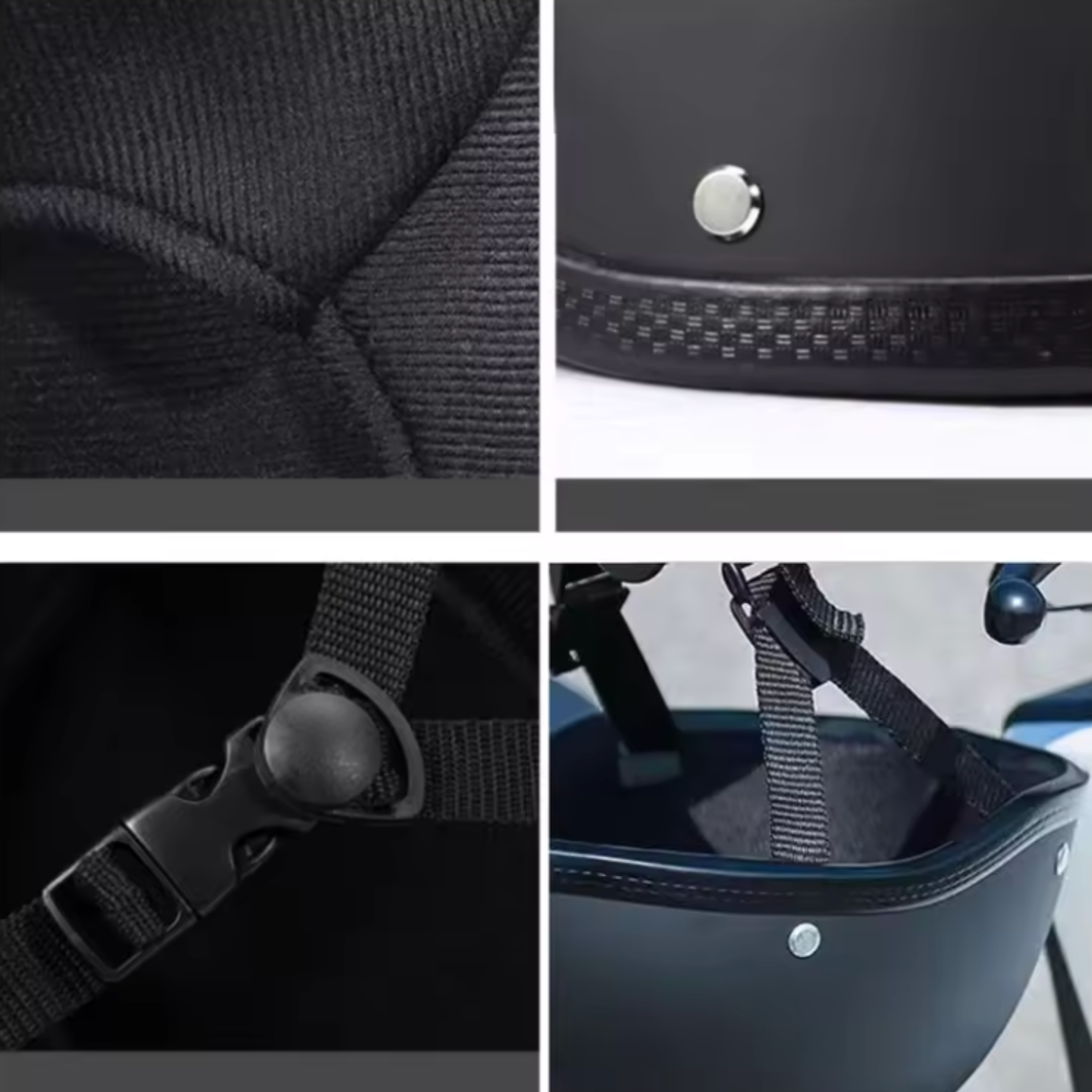 Close-up details of a black helmet with textural patterns and components.