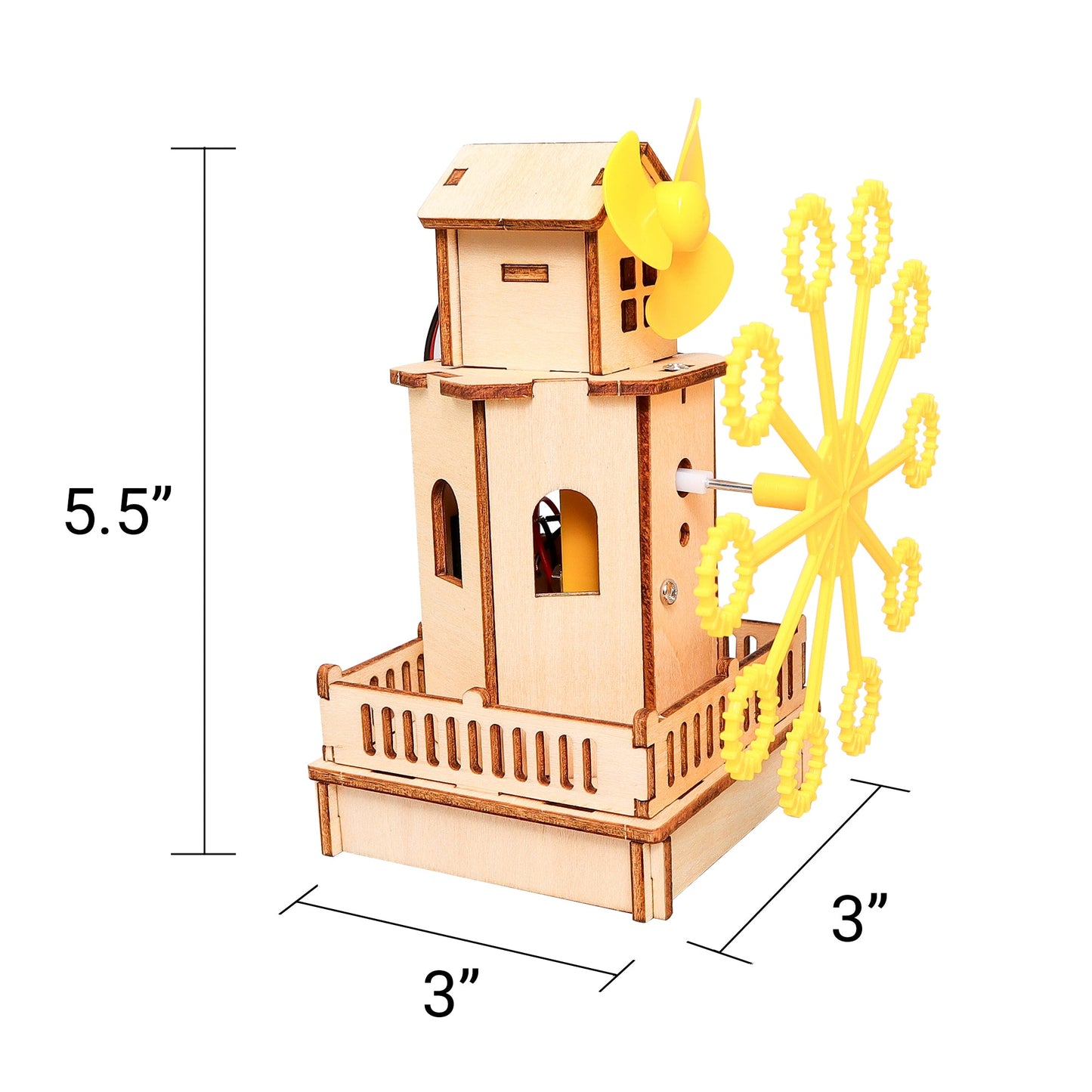 Wooden model of a DIY Bubble Machine Kit  with a yellow windmill, showing dimensions on a white background.