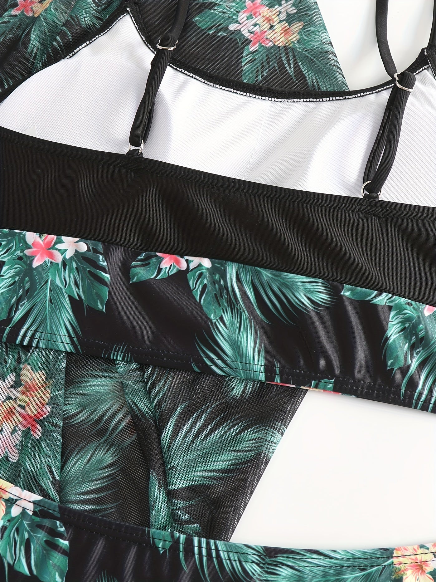 Bikini 3 Piece Tropical Print Swimsuit Set – High Stretch Comfortable Women's Bikini with Crew Neck Mesh Cover-Up – Chic Vacation Beachwear for Summer Casual Style & Poolside Glamour