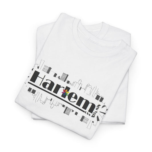 White t-shirt with 'Harlem' design on a white background