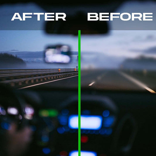 Comparison of a car's windshield before and after a repair, with 'After' on the left and 'Before' on the right.