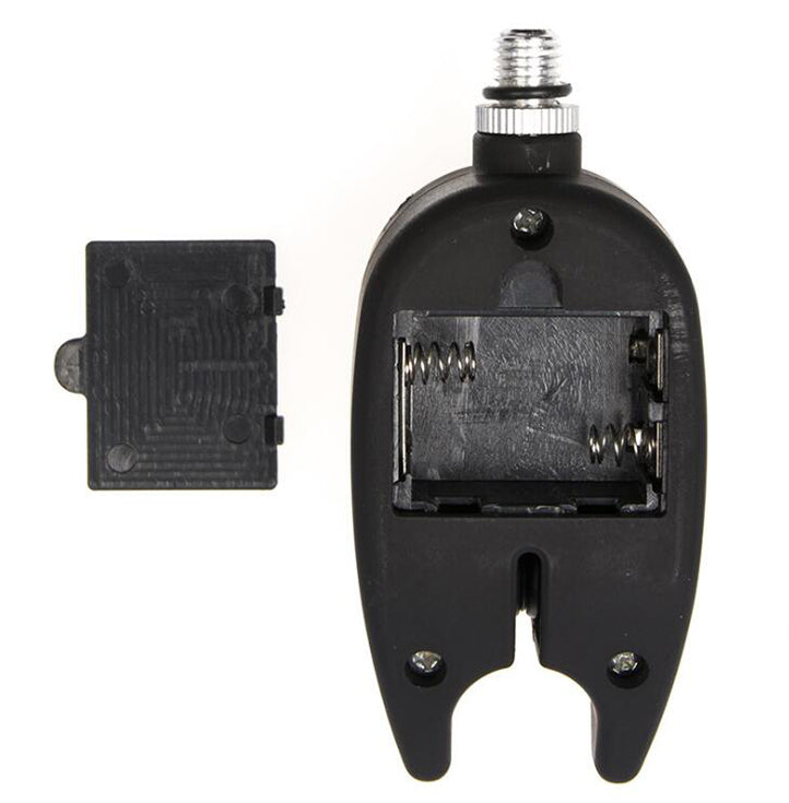 Black Fishing Bite Alarm with battery compartment on a white background