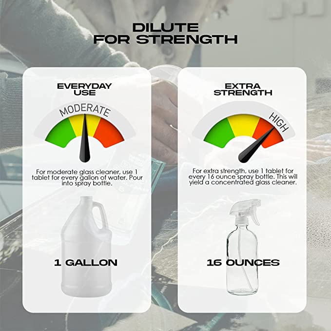Two packaging cards for glass cleaner tablets with usage instructions.