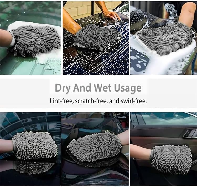Microfiber cleaning glove used for washing a car with text highlighting its usage.