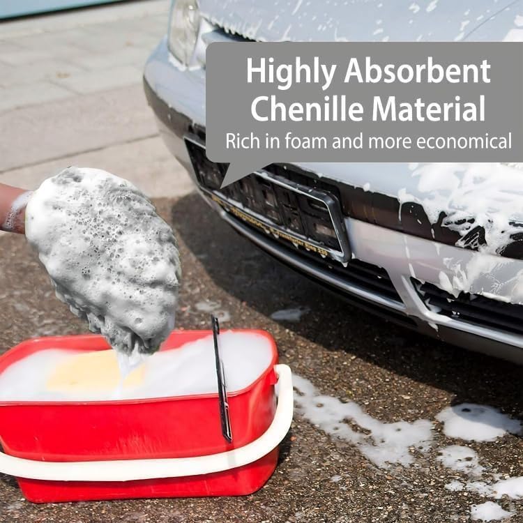 Person washing a car with a sponge and foam, text about absorbent chenille material.