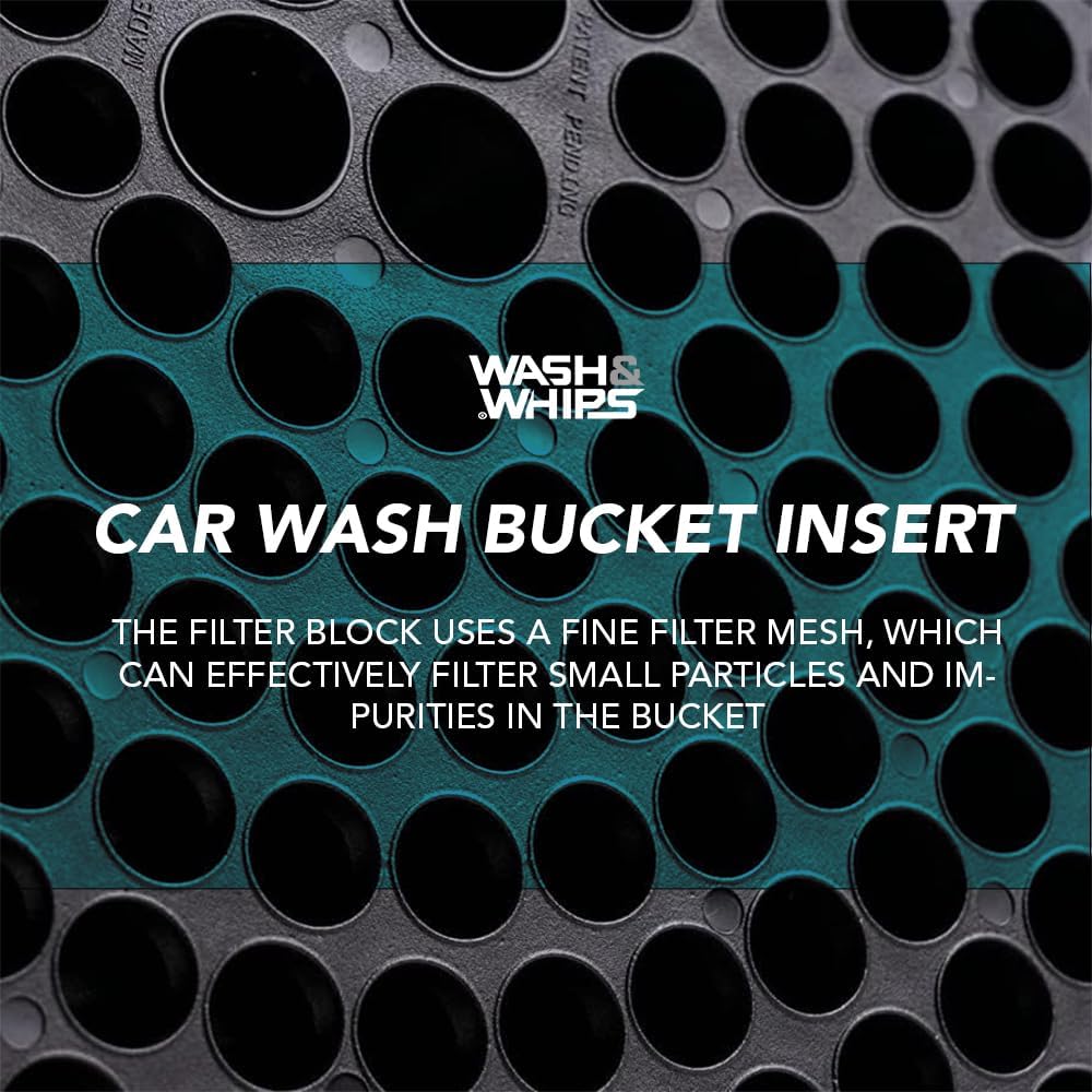 Car wash bucket insert with filter block and 'Wash & Whips' branding