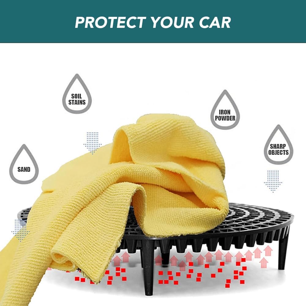 Yellow microfiber towel on a car scrubber with text 'Protect Your Car' and icons indicating protection against soil stains, iron powder, sand, and sharp objects.