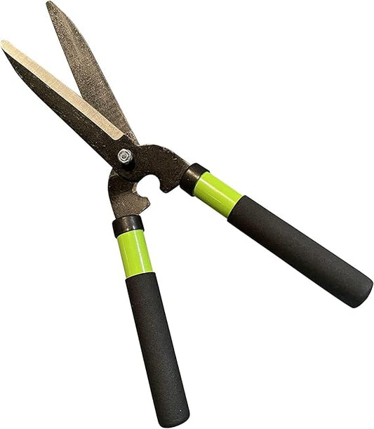 Gardening shears with black and green handles on a white background
