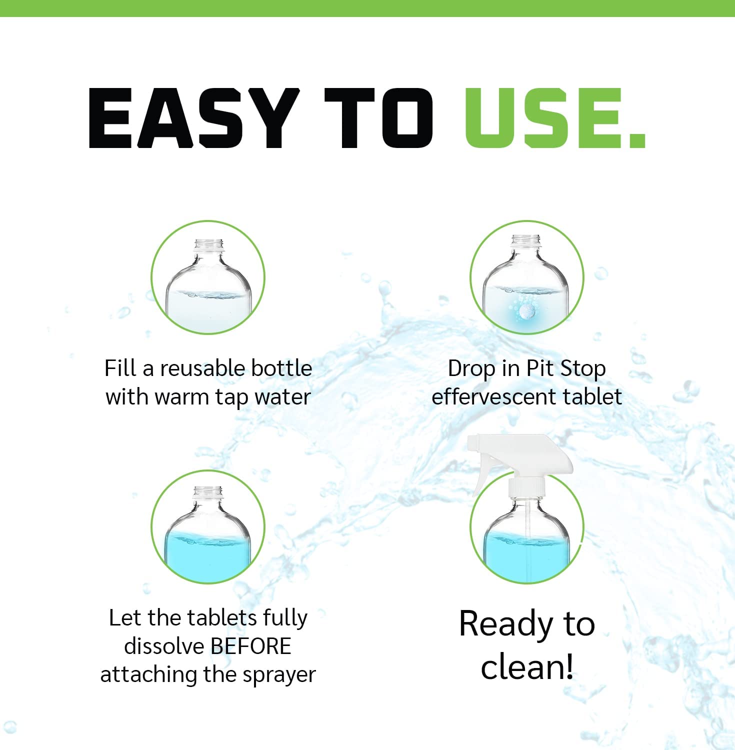 Instructions for using a reusable bottle with warm tap water and a Pit Stop effervescent tablet.
