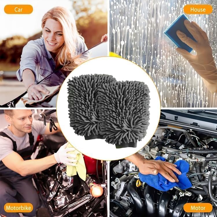 Gray microfiber cleaning mitt with various uses including car, house, motorbike, and motor cleaning.