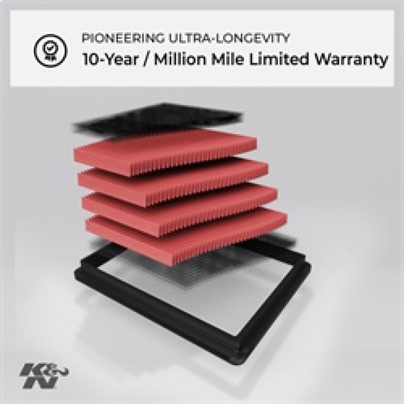 Stack of red air filters with black frame on a gray background, featuring K&N logo and warranty information.