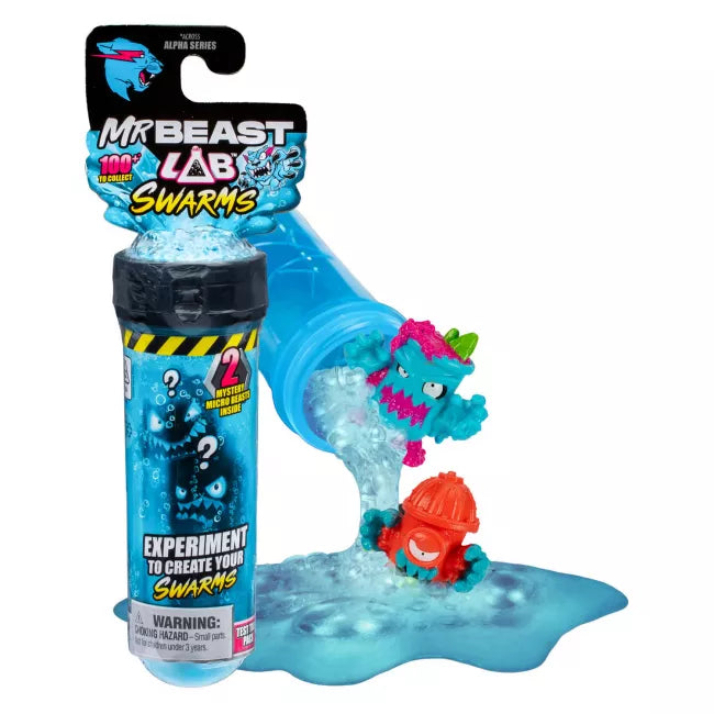Toy packaging with two small monsters and a blue gel-like substance, featuring 'Mr Beast Lab' branding.