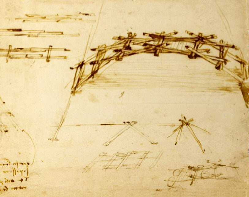 Architectural drawing on aged paper with musical notation