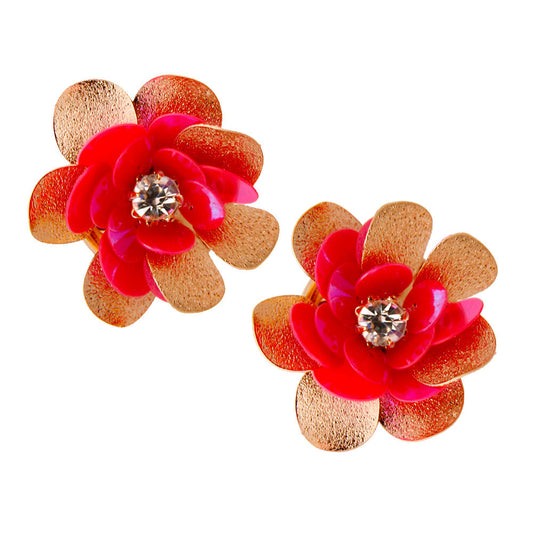 Pink Sequin Flower Earrings - Rhinestone Center