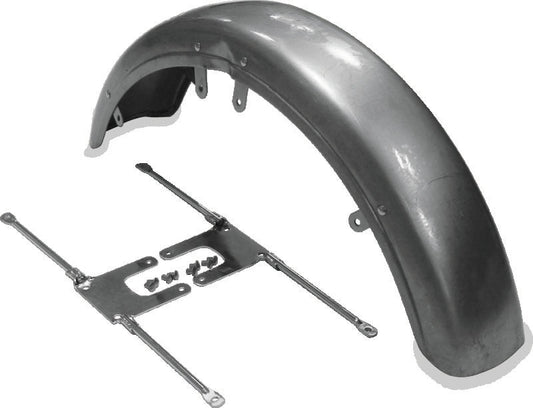 Motorcycle front fender with mounting hardware on a white background
