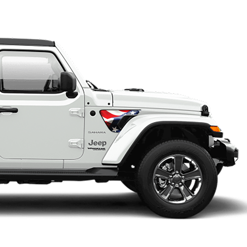 White Jeep Gladiator with a flag design on a white background