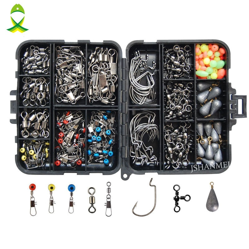 Fishing tackle box with various fishing accessories on a white background