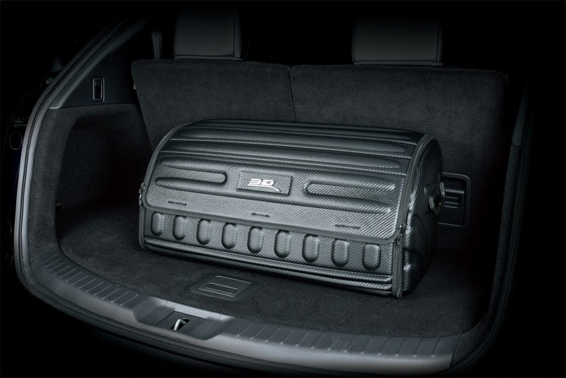 Car trunk with a large black storage compartment