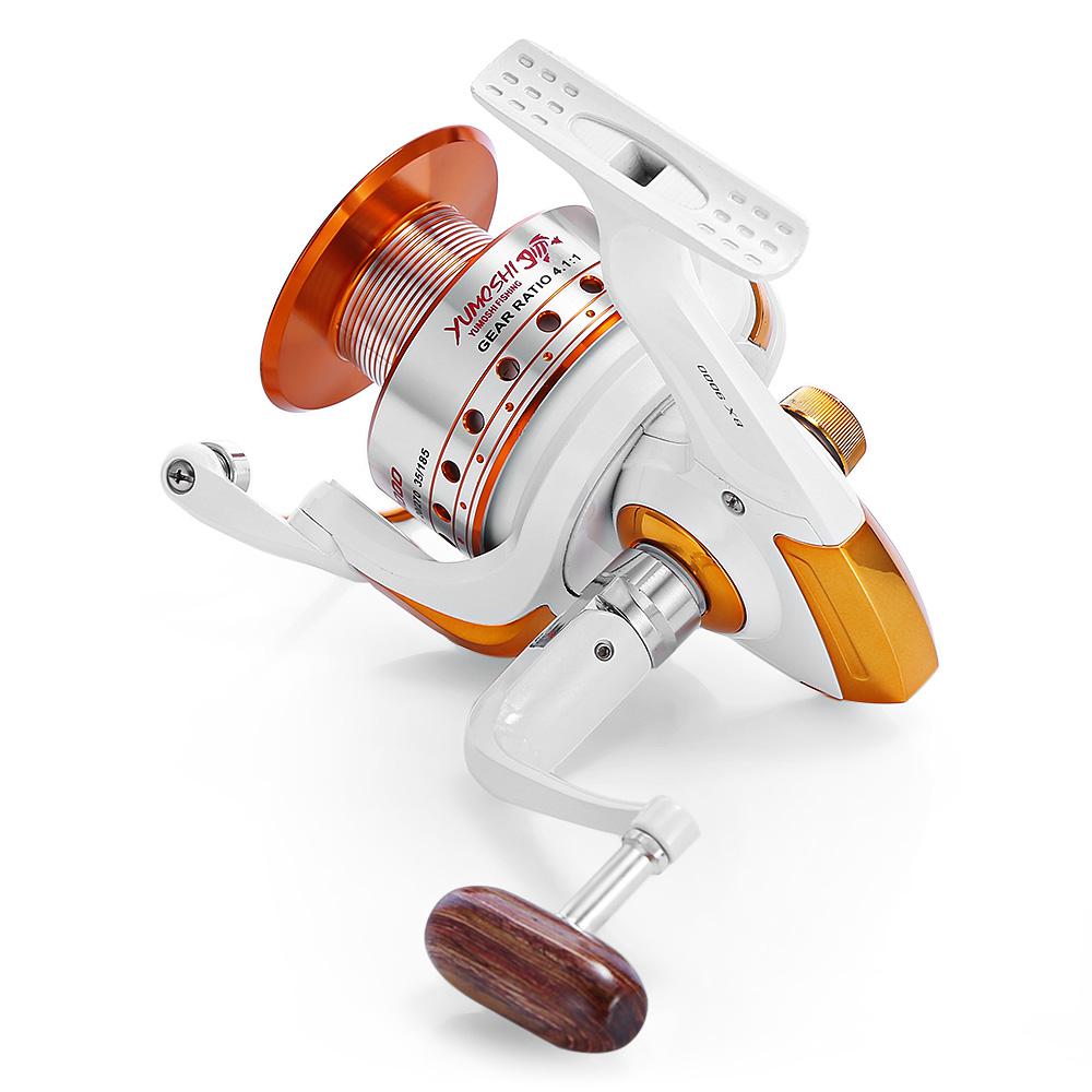 Fishing reel with white and orange design on a white background