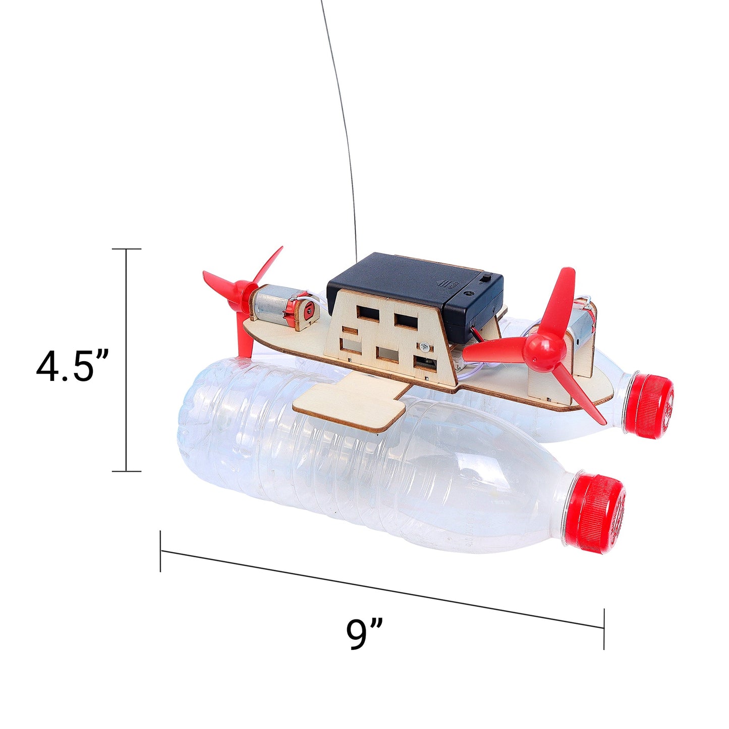 Model airplane on a plastic bottle with measurements indicated