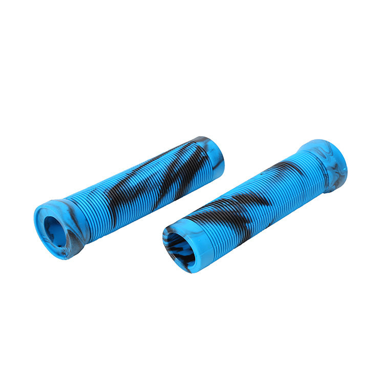 Pair of blue bicycle handlebar grips with black patterns on a white background