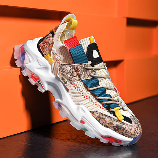 Colorful sneaker with patterned design on an orange background