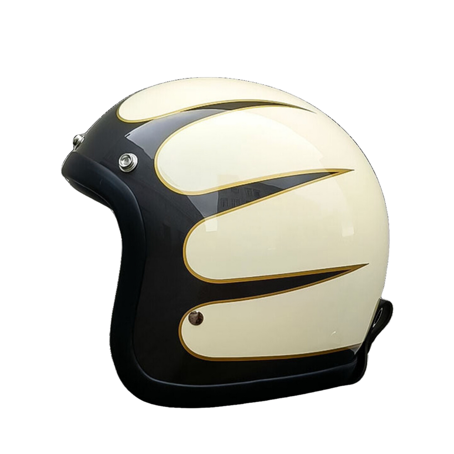 Black and cream motorcycle helmet with a unique design on a white background