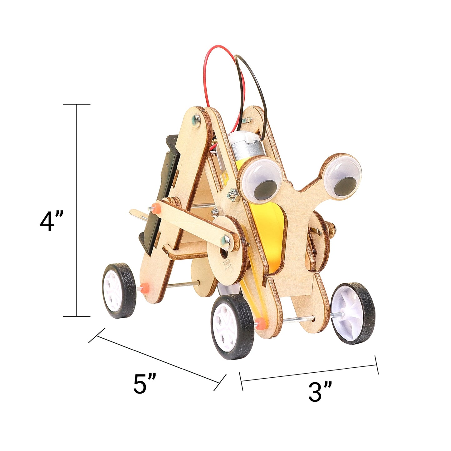 Wooden toy car / robot model with dimensions indicated on a white background