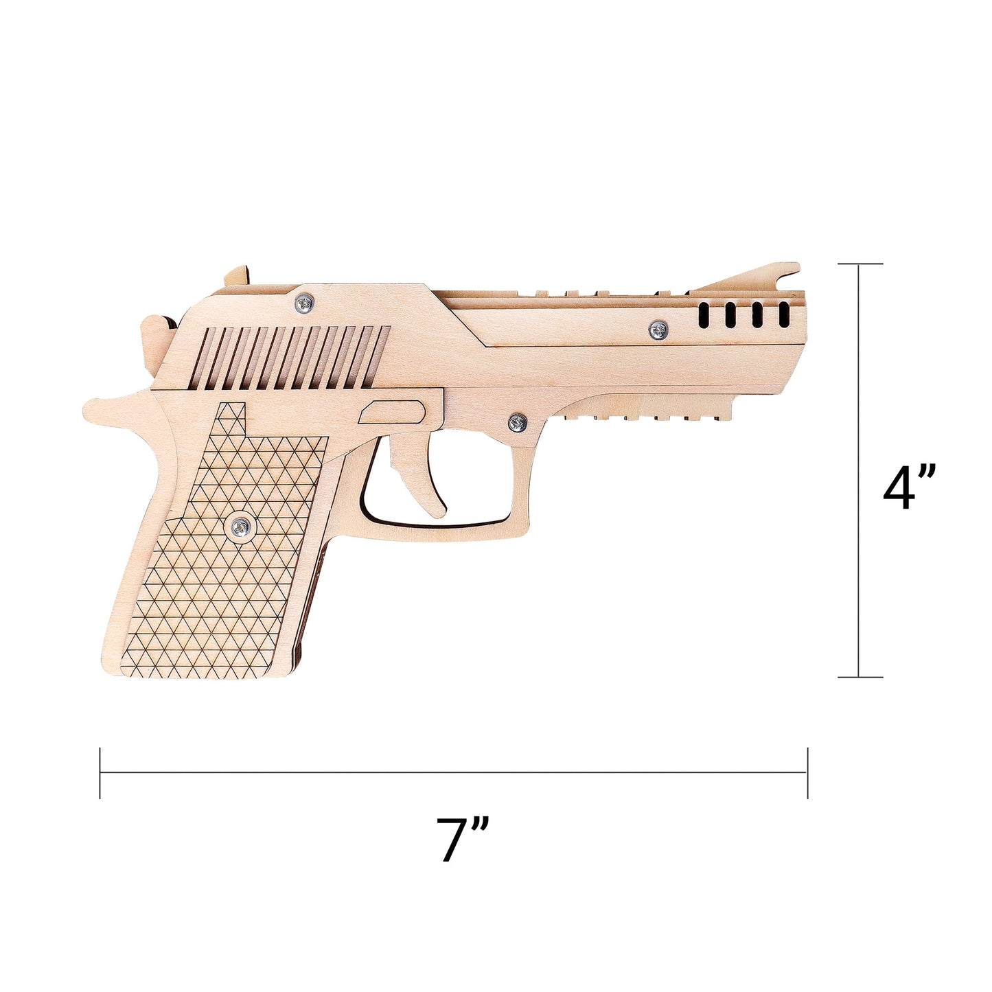 Wooden gun model with measurements on a white background