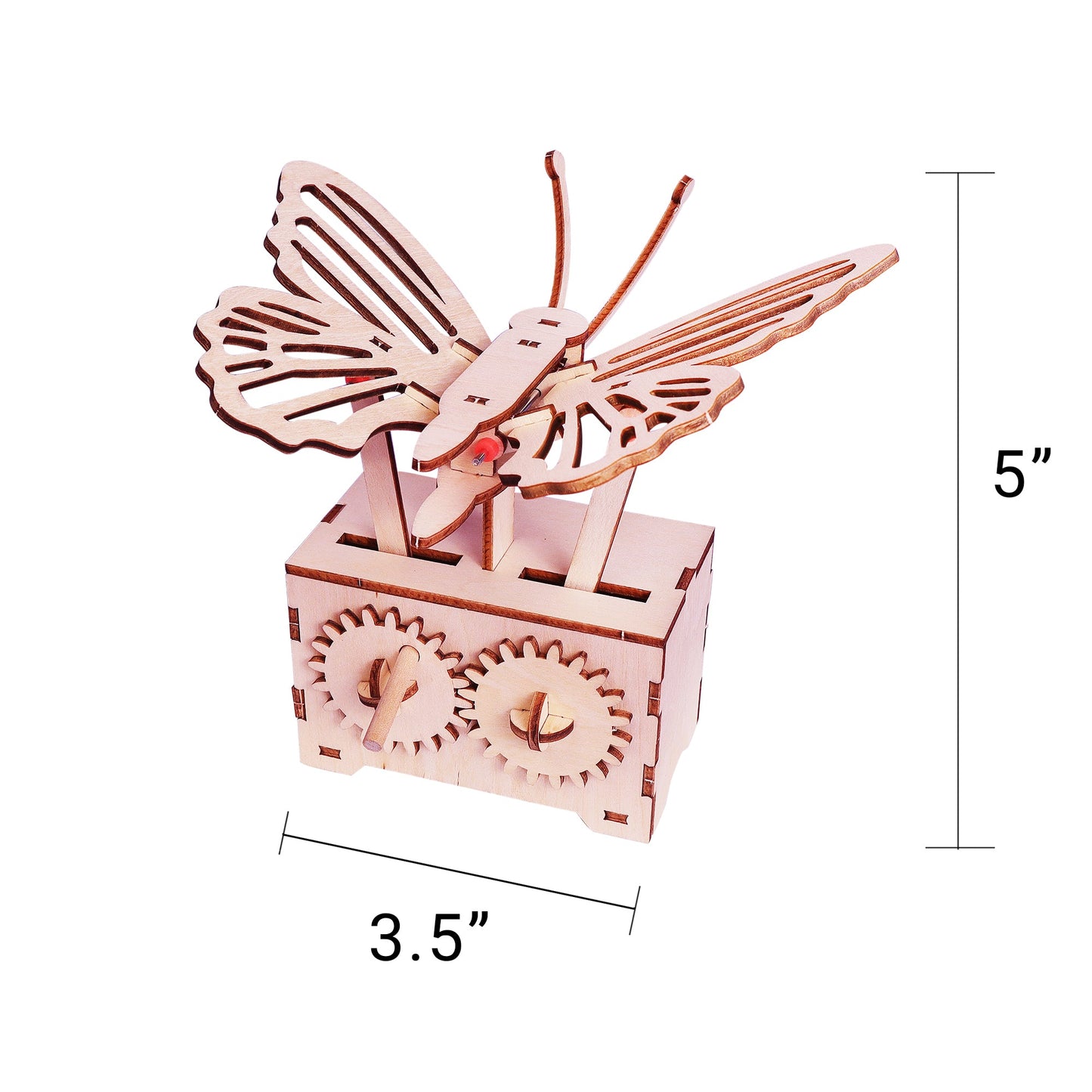 Wooden butterfly mechanical model with dimensions on a white background