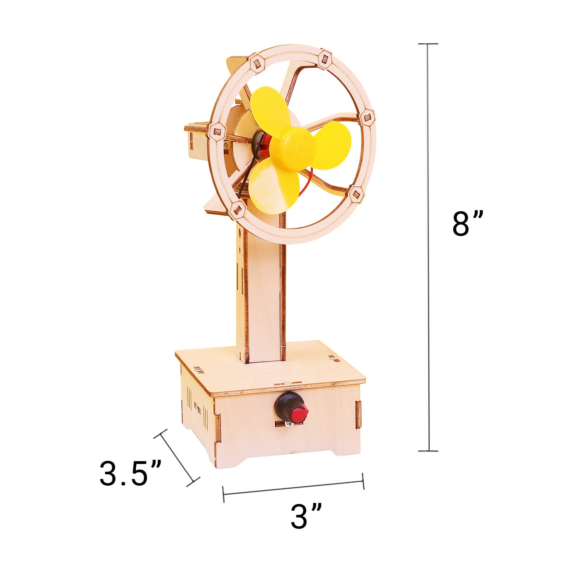 Small mechanical model with yellow propeller and wooden base, showing dimensions on a white background.