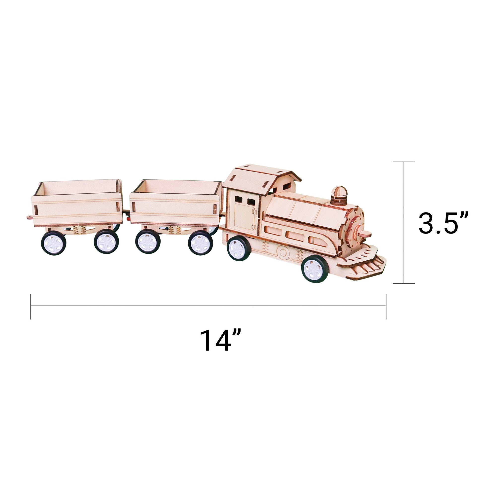Wooden train model with dimensions indicated on a white background