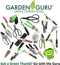 Collection of lawn and garden tools with 'Garden Guru' branding.