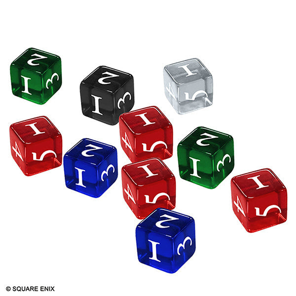 Set of colorful dice with numbers on a white background, featuring Square Enix branding.