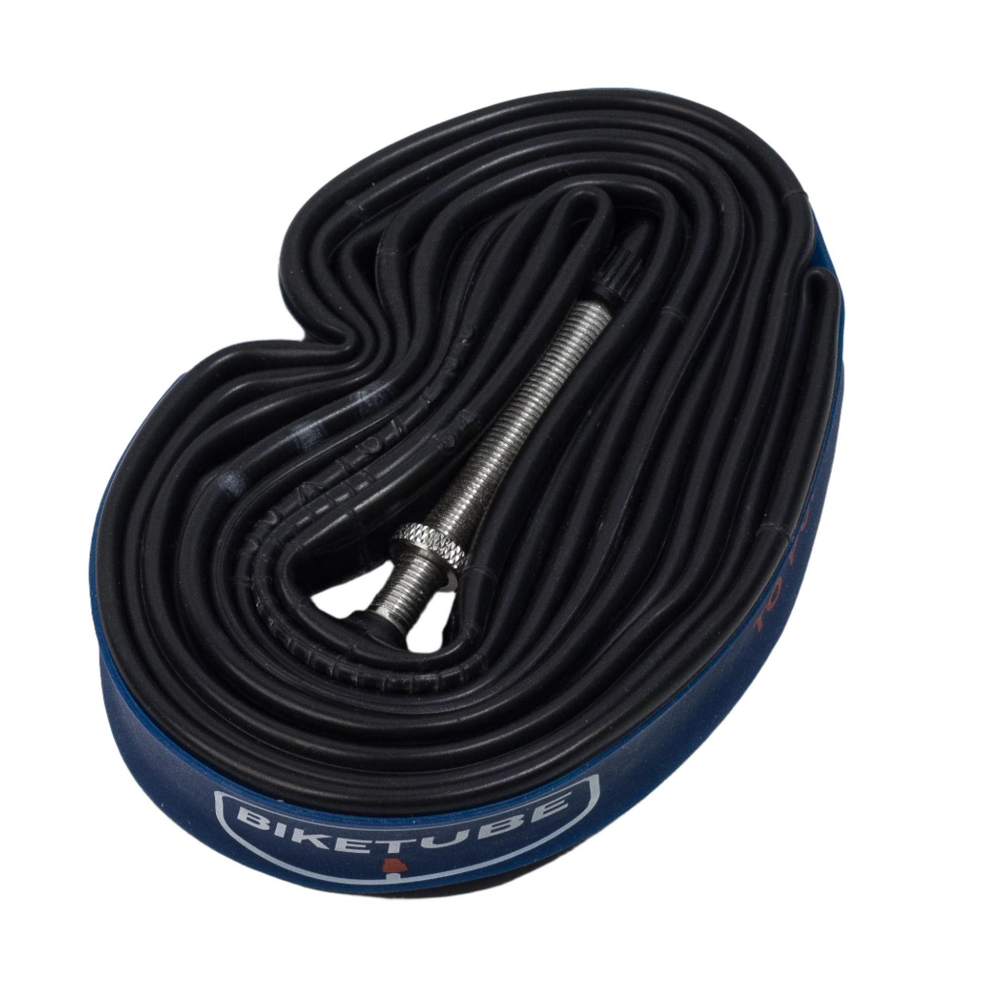 Bicycle inner tube with valve on a white background
