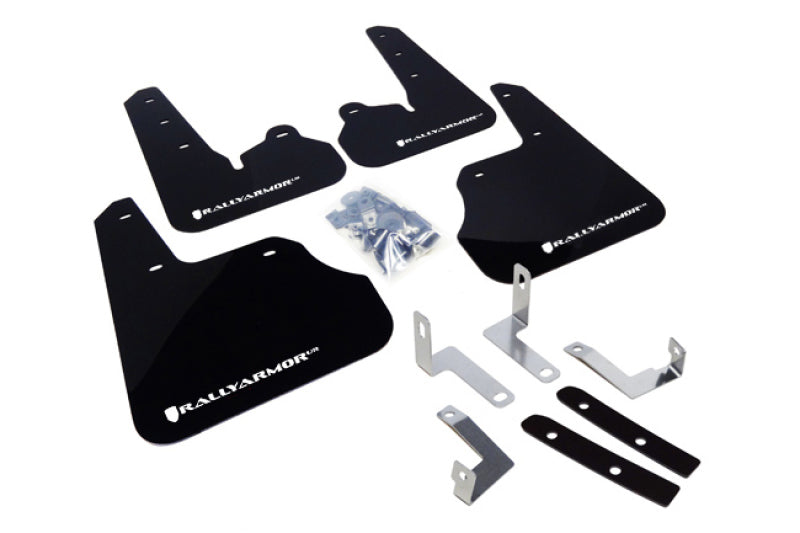 Set of black mud flaps with mounting hardware on a white background, featuring the Rally Armor logo.