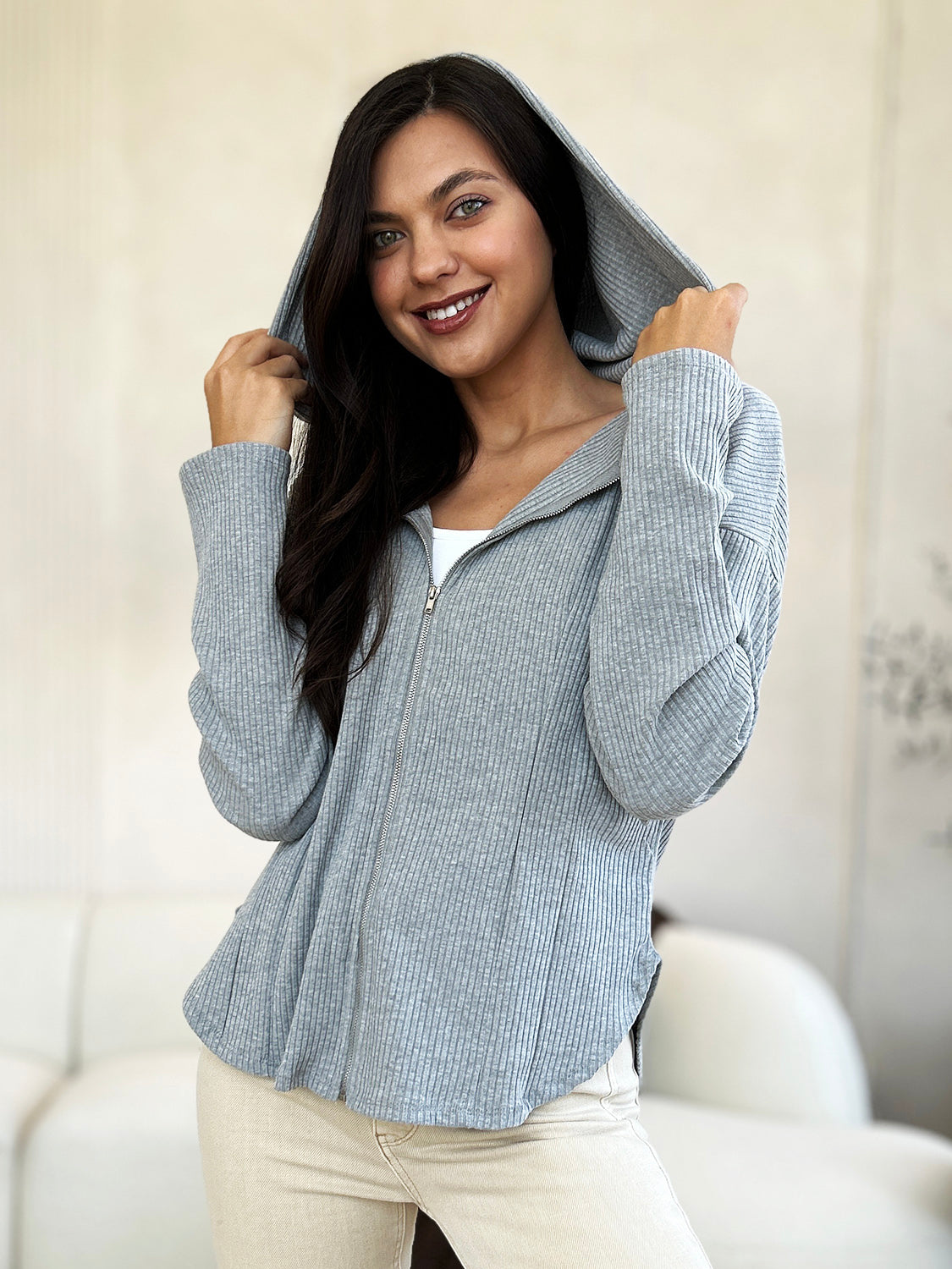 Culture Code Full Size Ribbed Zip Up Drawstring Hooded Jacket Women Trendy Jacket With Adjustable Hood For Women