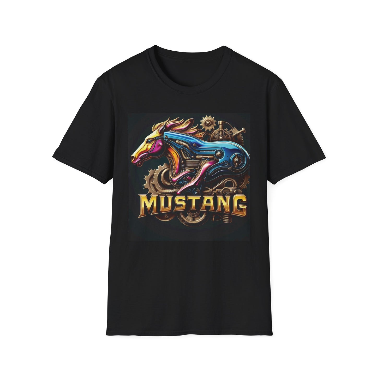 A black short-sleeve crewneck t-shirt featuring a colorful graphic of a Mustang horse with gold 'MUSTANG' text on the front, displayed against a solid white background.