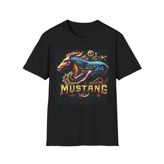 A black short-sleeve crewneck t-shirt featuring a colorful graphic of a Mustang horse with gold 'MUSTANG' text on the front, displayed against a solid white background.