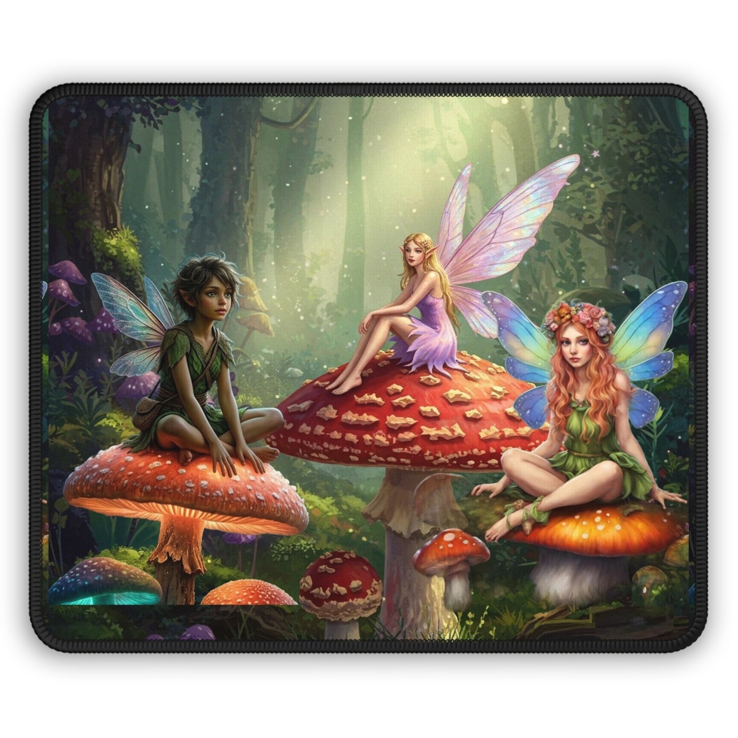 Mouse pad with fairies and mushrooms design on a white background