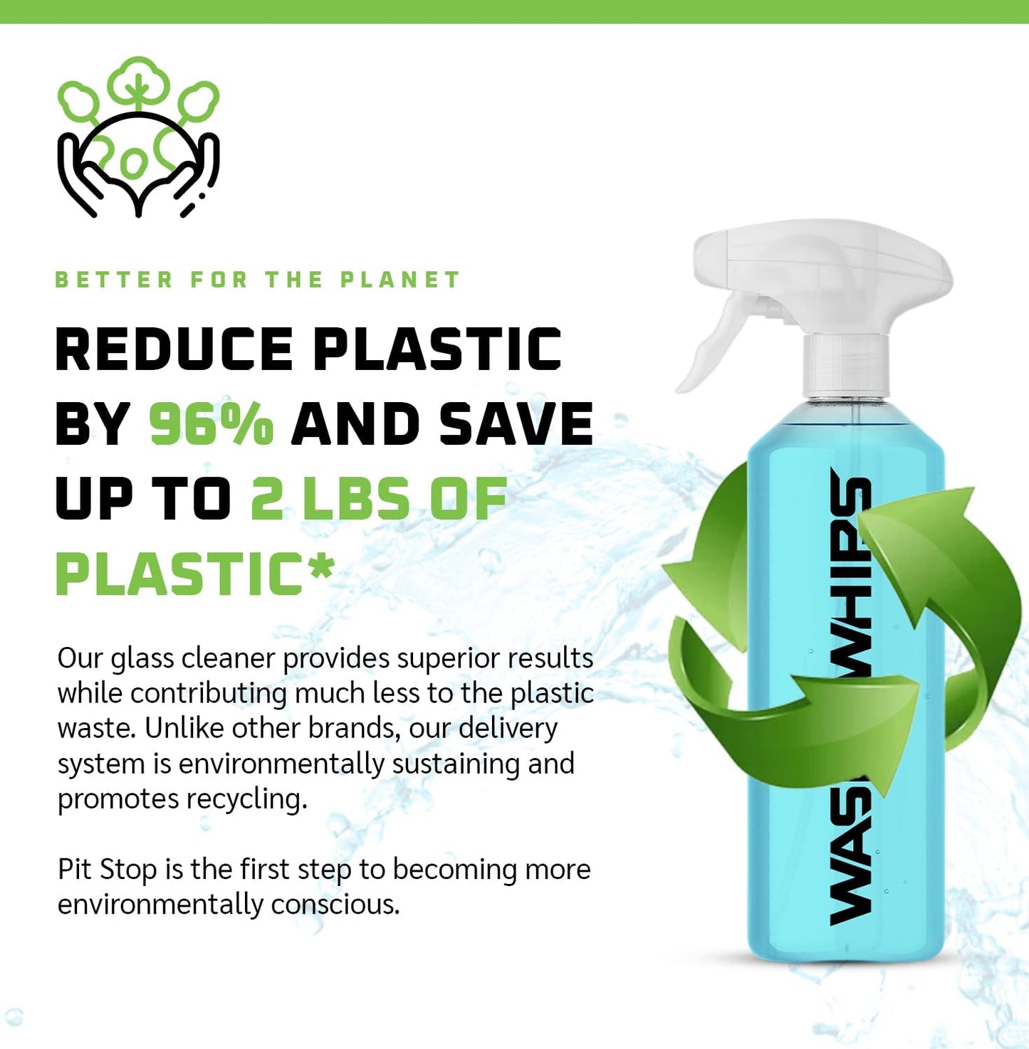 Glass cleaner bottle with recycling symbol and text about reducing plastic waste