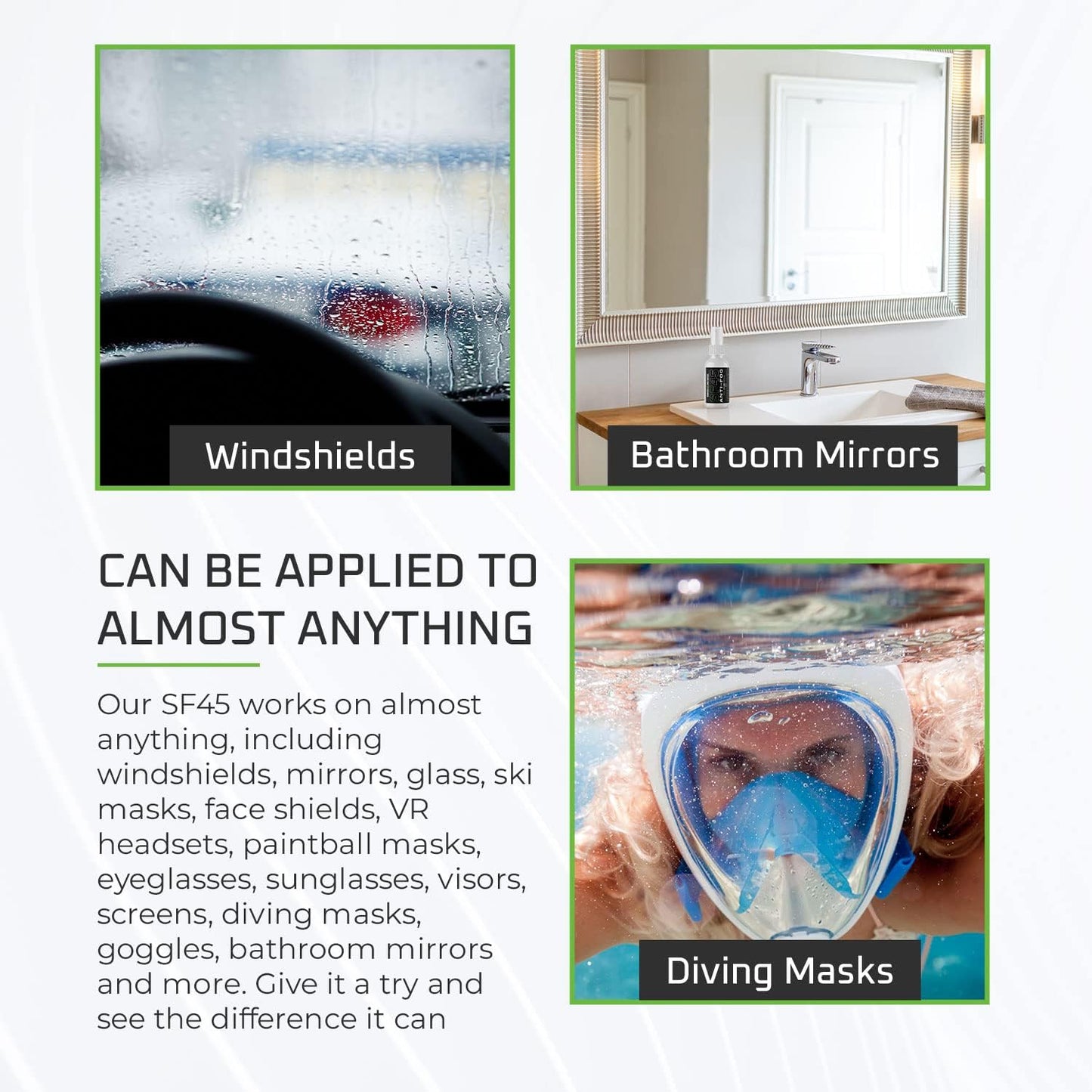 Advertisement for a product applied to windshields, bathroom mirrors, and diving masks.
