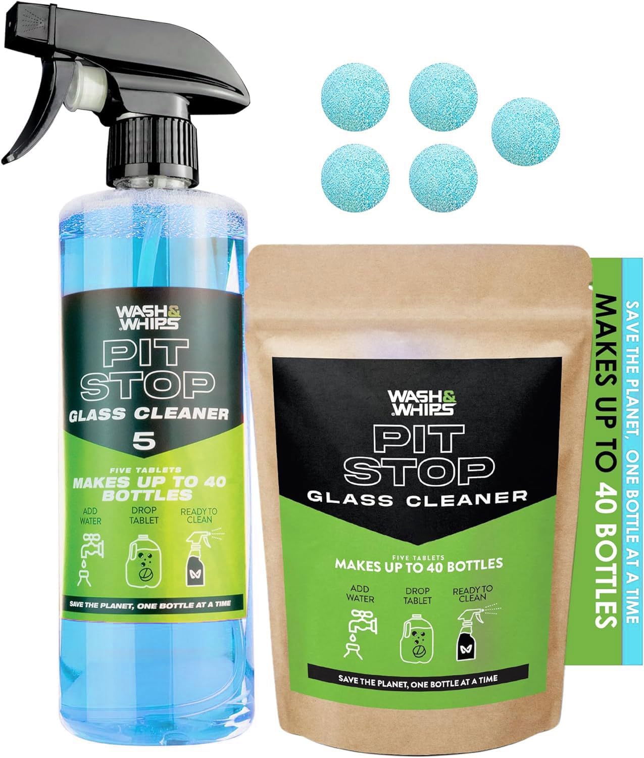 Wash & Whips Pit Stop Glass Cleaner set with spray bottle, tablets, and packaging.