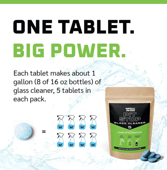 Glass cleaner tablet packaging with text about power and usage
