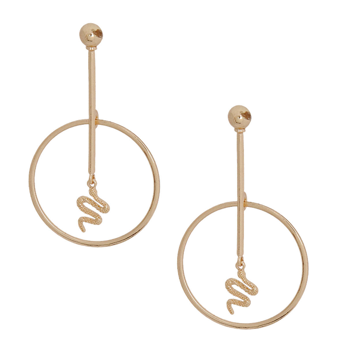 Gold Bar Round Snake Charm Earrings