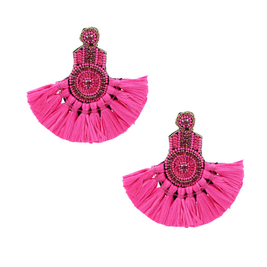 Fuchsia Raffia Fan Tassel Beaded Earrings